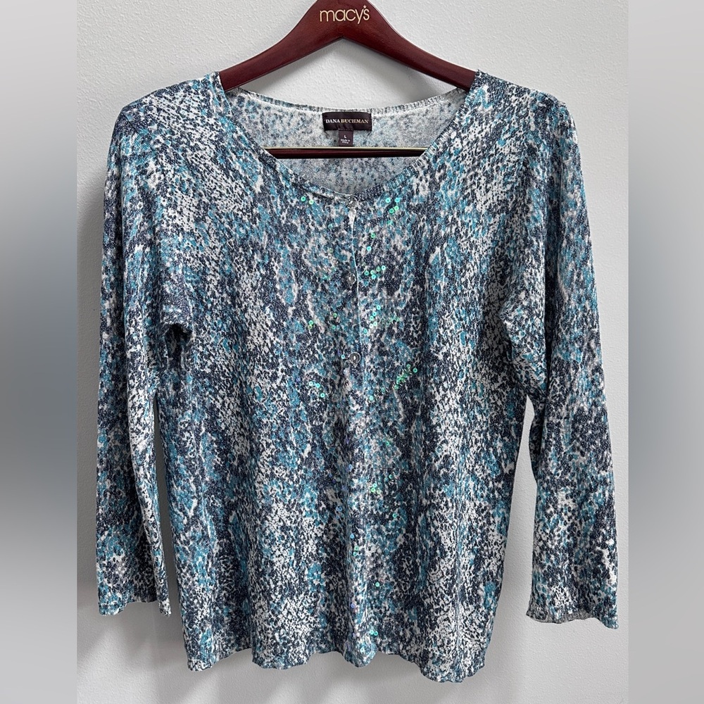 dana buchman blue grey animal print sequined cardigan size L
